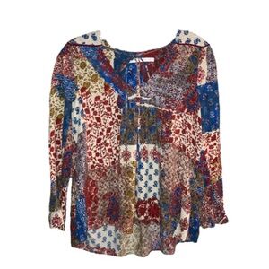 Zara Women’s Boho Paisley Floral Patchwork Bell Sleeve Blouse Tie Neck |  Size S